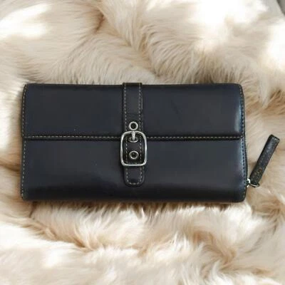 Vintage Coach NY Black Leather Flap Buckle Trifold Checkbook Zip Closure Wallet - image 1 of 4