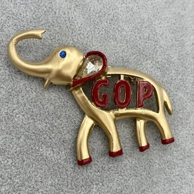 Republican GOP Red Ear Gold Blue Eyed Rhinestone Enamel Elephant Brooch Pin USA - Image 1 of 4