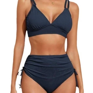 Women's new split pleated tied rope solid color fashionable high-end sexy swimsu - Picture 1 of 28