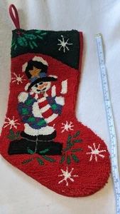 Rug Hooked Wool Christmas Stocking Snowman Tree Stars 17" Felt Back - Picture 1 of 3