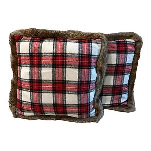 Red Plaid Plush Accent Decor Pillows Faux Fur Trim Square Approx. 19” x 19” Pair