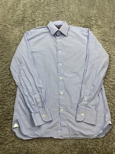 Hickey Freeman Shirt Men 15.5 Medium Blue Railroad Striped Button Up Made Italy - Picture 1 of 9