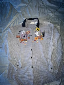 VTG Halloween Plaid Embroidered Button Front Shirt Casey Max Fall Pumpkin Sz L - Picture 1 of 10