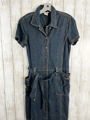 Faded Glory Vintage 90s Denim Dress Size 10 Button Front Collared Belted Y2K - Image 1 of 4