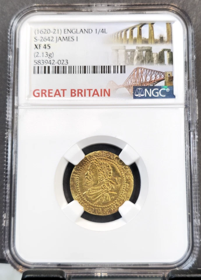 1620-21 ENGLAND GOLD 1/4 LAUREL S-2642 KING JAMES I NGC XF 45 EXTREMELY RARE - Image 1 of 3