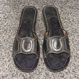 Ariat GO Slide Black Sandal Leather Platform Wedge Horseshoe Women Size 10 - Picture 1 of 5