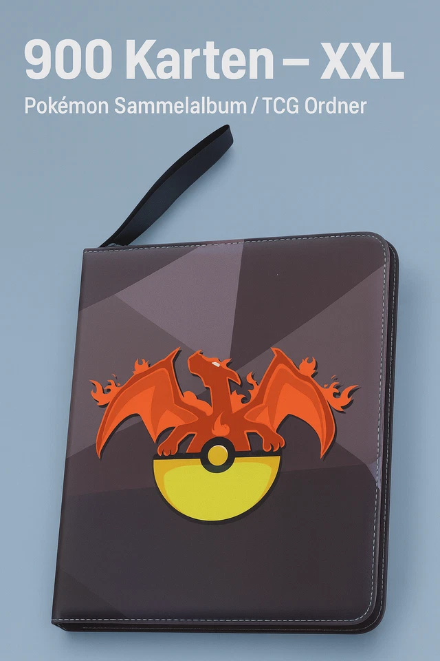 MARKENLOS Pokemon Kartenalbum 900 Karten – Kartenordner TCG Sammelmappe mit Glurak Motiv