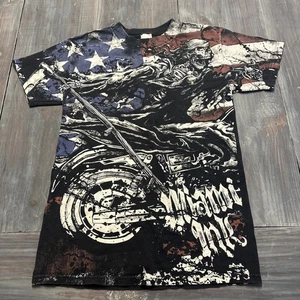 Y2K Miami Ink Totenkopf Biker Flagge AOP vorne schwarzes Herrenhemd Größe S - Bild 1 von 9