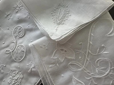 A+ 3 Vintage Bright White Hankies Madeira Style Hand Embroidered Monogram L - Image 1 of 4