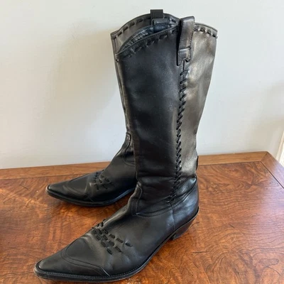 Stephane Kelian black genuine leather knee-high point toe cowboy boots US 8-8.5 - Image 1 of 4