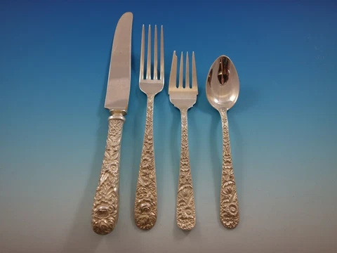 Repousse by Kirk Sterling Silver Flatware Set for 8 Service 32 pieces Cover