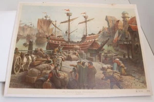 Schulwandtafel Lehrtafel Tafel Im Hafen einer Hansastadt 15.Jh Wachsmuth Leipzig - Bild 1 von 5