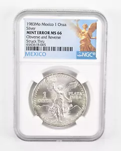 Mint Error MS66 1983 Mo Mexico 1 Silver Onza - OBV & REV Struck Thru NGC *0516 - Picture 1 of 3