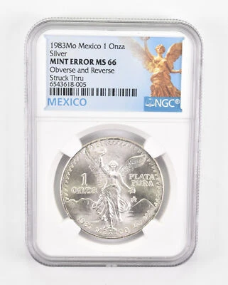 Mint Error MS66 1983 Mo Mexico 1 Silver Onza - OBV & REV Struck Thru NGC *0516 - Image 1 of 3