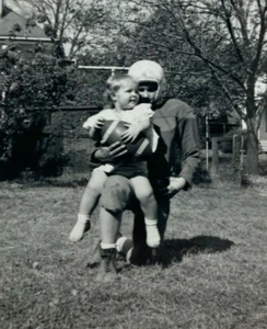 Boy Football Uniform Holding Baby Ball Vintage B&W Photograph Snapshot 3.25 x 5 - Picture 1 of 3