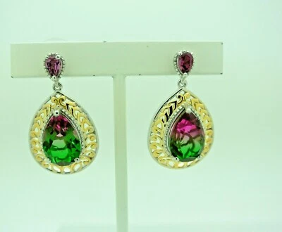 BRINCOS PENDURADOS ENORMES MELANCIA QUARTZO E GRANADA 14kt YG E PLATINA COM MAIS DE 925 S.S.  - Imagem 1 de 4