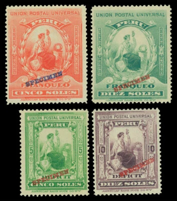 PERÚ 1899 UPU - LIBERTY & P.Due juegos con ABNC "ESPECIMEN" Sc# 158-9 J34-35 como nuevo MNH Foto 1 de 2