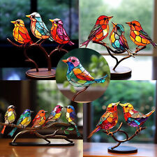 Buntglas-Vögel auf Zweigen, Desktop-Ornamente, flache Vogelskulptur aus Metall,