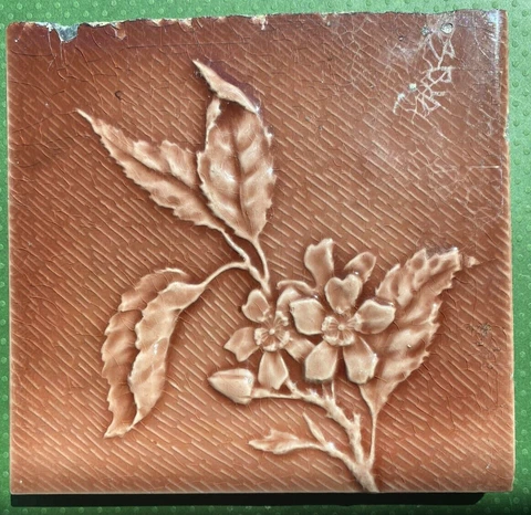 US Encaustic Tile Works Indianapolis: Brown Majolica Cherry Blossom Tile 6" Cover