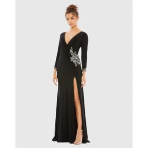 New Mac Duggal 41016 Black Floral Embellished Faux Wrap Jersey Gown Size 14 - Picture 1 of 7