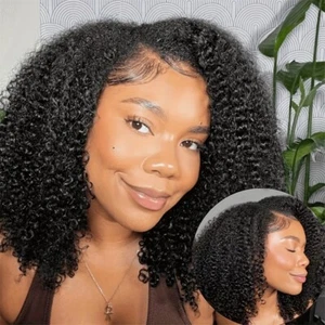 Afro Kinky Curly V Part Human Hair Wig No Leave Out Thin Part Malaysian Hair Wig - Picture 1 of 13
