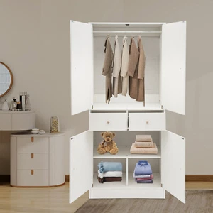4 Doors Wardrobe Cabinets Hanging Rod Closet Storage Cabinet Clothes Organizer - Picture 1 of 15