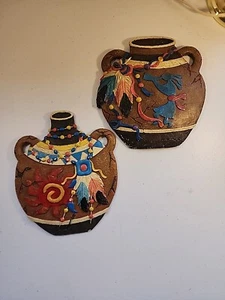 Colorful Southwest Pottery Style Jug Jar Plaques Feather Wall Décor 2 9inch Pots - Picture 1 of 12