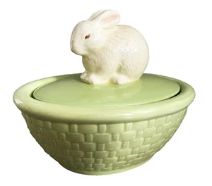 Hallmark Green Ceramic Bunny Rabbit Candy Dish Lid Basket Weave Easter Spring - Picture 1 of 11