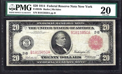 🇺🇸 1914 $20 RED-SEAL FR-953b ♚♚ NEW YORK ♚♚ PMG VERY FINE 20 STRONG COLOR - Image 1 of 2