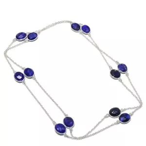 Blue Sapphire Gemstone Necklace Handmade Thanksgiving Gift Chain Jewelry 36" - Picture 1 of 9
