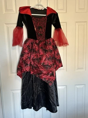 Girl's Bat Vampiress Costume 7-8 Black Red Glitter Velvet Hoop Skirt Halloween - Image 1 of 4