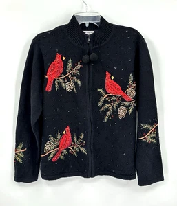 TIARA INTERNATIONAL cardigan sweater christmas holiday party cardinal black L - Picture 1 of 8