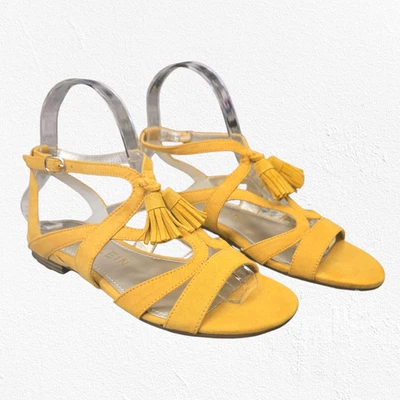 Anne Klein Noreen Golden Yellow Suede Tassel Flat Sandals Boho Chic Size 6 - image 1 of 4