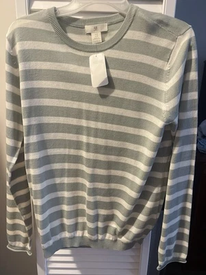 H&M Women’s Medium Sized Gray And White Striped Sweater - Image 1 of 3