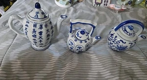 Lot Of 3 Vintage Chinese Blue And White Porcelain Tea Pots B1 - Picture 1 of 7