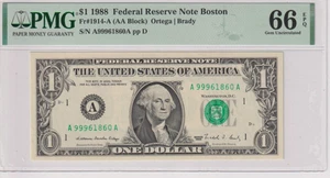*ONLY 5 HIGHER* Fr 1914-A 1988 $1 FRN A99961860A PMG 66EPQ GEM CU BOSTON GREEN - Picture 1 of 2