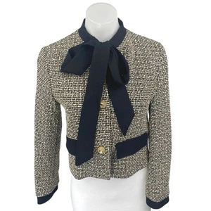 Chaqueta Blazer Zara Beige Negra Manga Larga Tweed Pajarita Botones Recortada Talla XS - Imagen 1 de 5