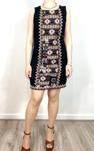 Desigual 12-14 Black Shift Dress Sleeveless Embroidered Aztec Motif Tribal Lined - Picture 1 of 17