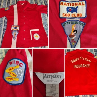 VTG Nat Nast Bowling Shirt poly, With Original Old Patches, Back Advertising  - Image 1 of 4