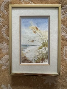 Mini Vtg Margaret Pulliam Watercolor Sea Oats St John’s Beach Signed Gold Frame - Picture 1 of 5