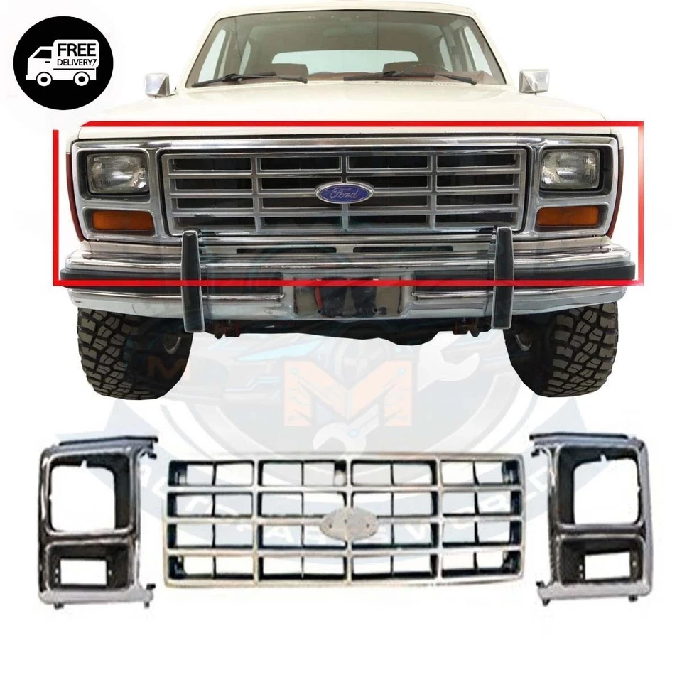 New 1982-1986 Ford F-100 150 250 350 Bronco Front Grille + Headlight Bezel Trim Foto 1 de 1
