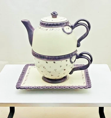 Amadéus théière solitaire mauve décor fleurs avec soucoupe  18 x 10 cm env - Photo 1/4