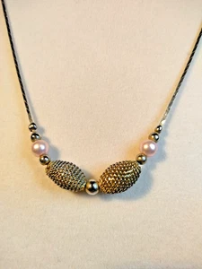 Dainty Vintage Style Choker Necklace Pink & Gold Beads on Silver Chain - Picture 1 of 5