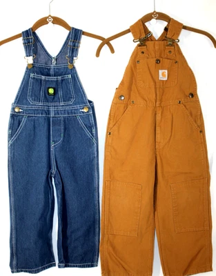 2 baberos de mezclilla John Deer & Carhartt y monos de lona marrón para niños pequeños talla 4T Foto 1 de 4
