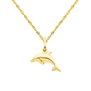 14k Real Yellow Gold Dolphin Pendant with 1.2mm Singapore Chain Necklace - 16" - Picture 1 of 5