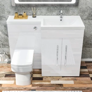 Bathroom Vanity Unit Sink White Cabinet Right Hand Basin Storage with WC Toilet - Picture 1 of 10