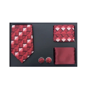 Nuevo Formal Hombre Corbata Delgada 2 Hankies Puño Eslabones Regalo Juego Rojo Negro Patrón - Imagen 1 de 3
