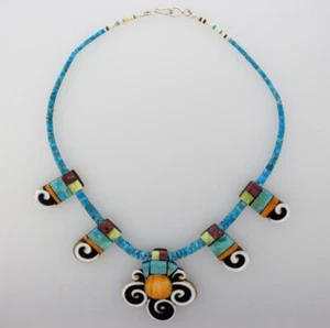 5 Multi-Stone Inlay Tabs & Turquoise Heishi Necklace By Mary L. Tafoya - Picture 1 of 4