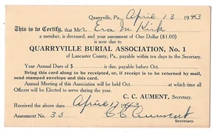 QUARRYVILLE PA BURIAL Association Postal Card DEATH NOTICE Postcard KIRK 1943 - Picture 1 of 2