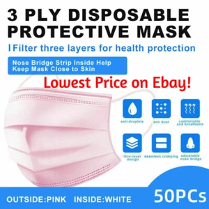 50 Pcs Pink Face Mask Disposable Non Medical Surgical 3-Ply Earloop Mouth Cover - Picture 1 of 5